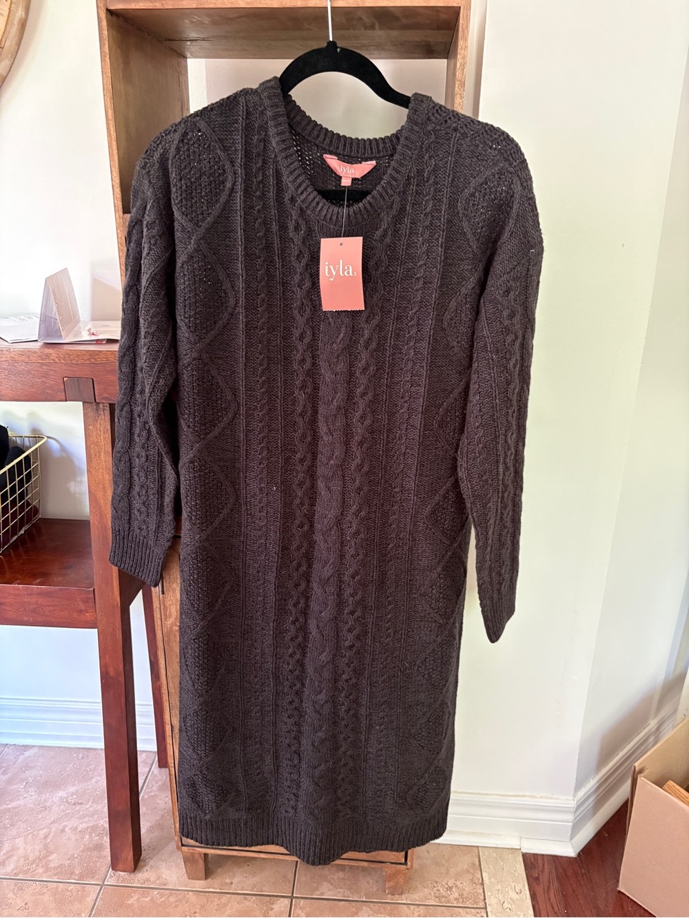 Brown Cable-Knit Sweater Dress